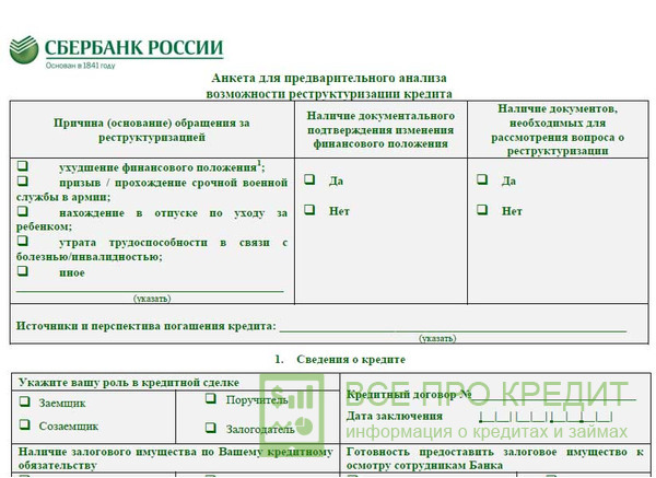 Анкета на реструктуризацию кредита
